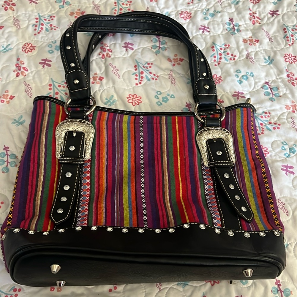 Rustic Coutures Western Purse Shoulder Bag Buckle Rhinestone Striped Aztec Print